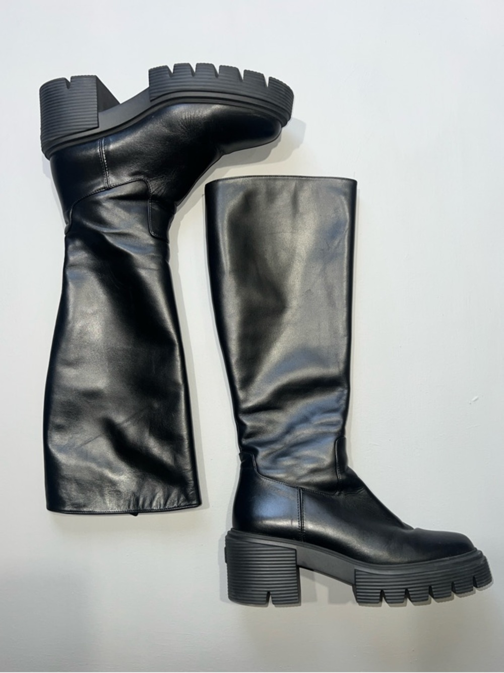 Stuart Weitzman Soho Boot Black Knee High Lug Sole Leather